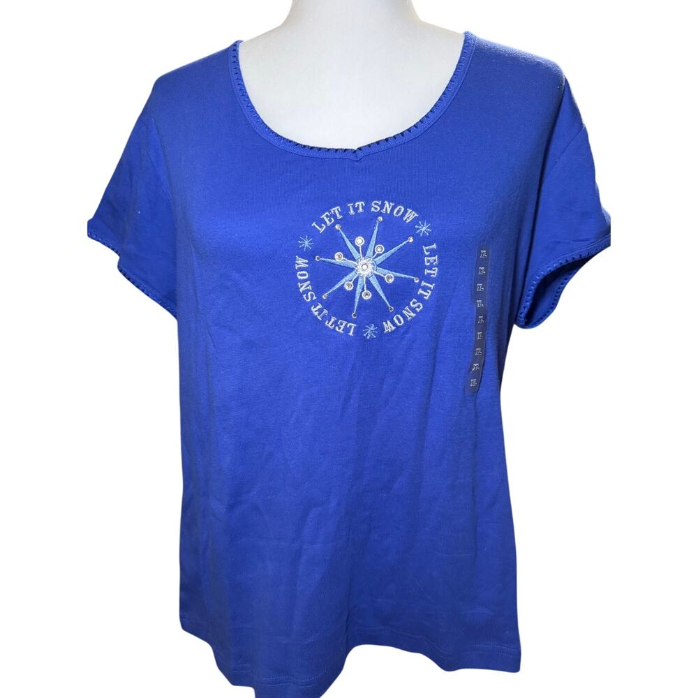 Delicates Let It Snow Embroidered Holiday Christmas Tee, Blue, Women's XL, NWT